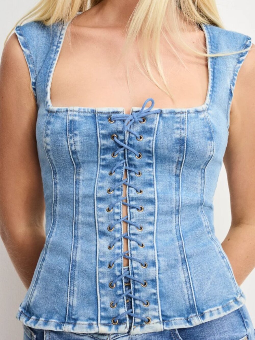 Good American Dolly Lace Up Peplum Top, Denim, Size M Women's